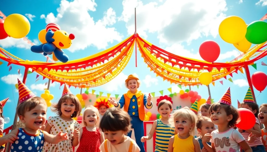Engaging kids entertainment event with joyful children and a clown juggling.