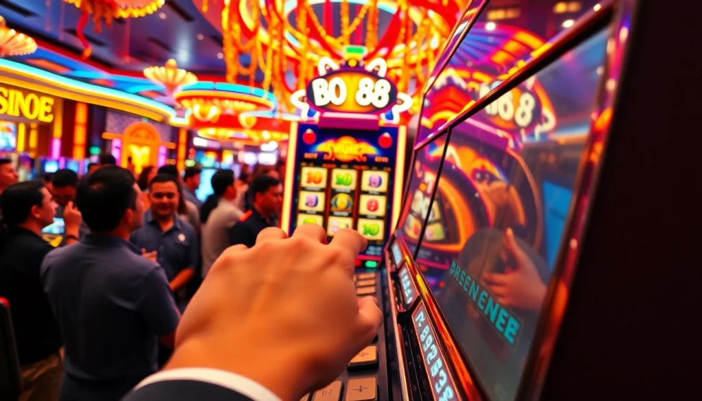 Menampilkan pemain yang antusias di depan mesin bos88 slot, menambah keseruan perjudian.