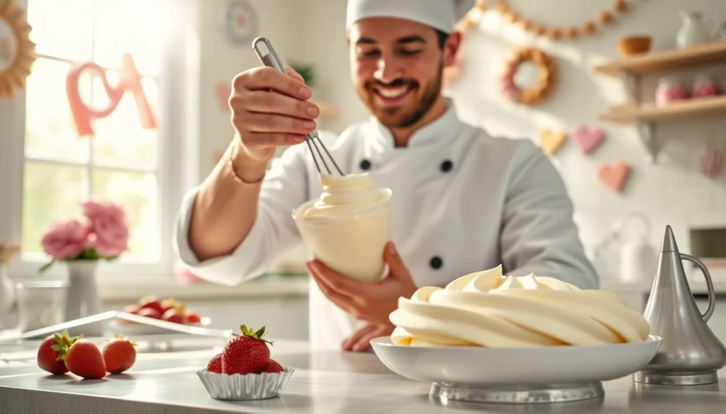 Bereid mousseline crème met zorgvuldige technieken en frisse ingrediënten in de keuken.