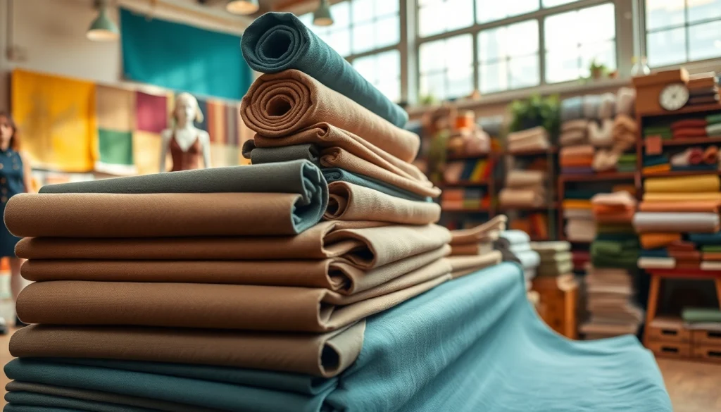 Bekijk canvas stoffen in diverse kleuren en texturen in een levendige stoffenwinkel.