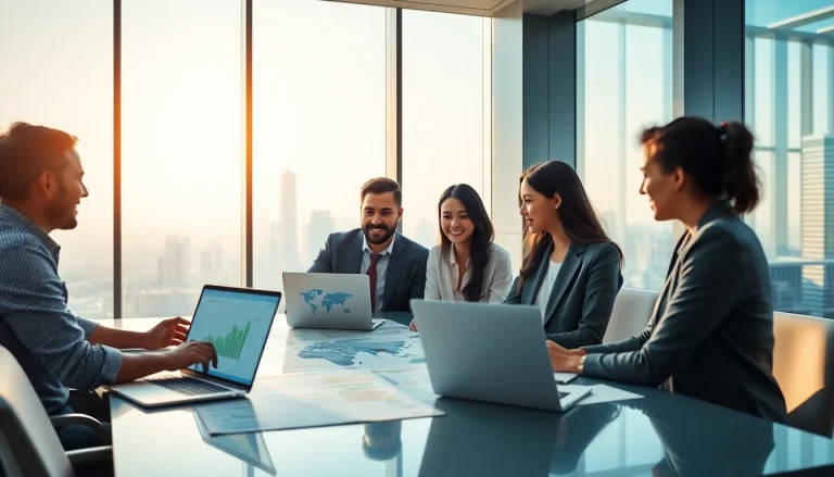 Collaborative international business real estate team analyzing market trends in a modern office.