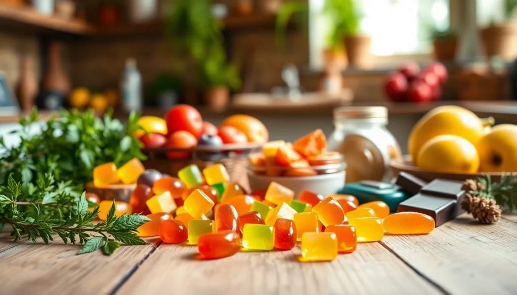 Showcase vibrant wholesale CBD edibles arranged attractively on a rustic table.