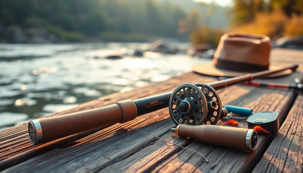 Showcase a Fly fishing combo set against a serene riverside background, inspiring anglers to take action.