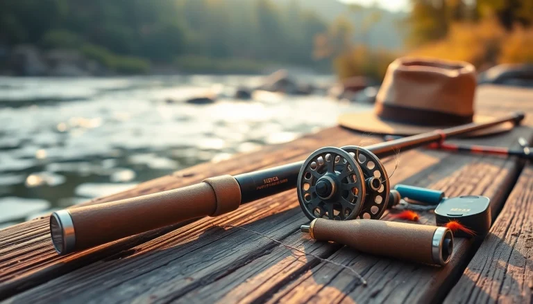 Showcase a Fly fishing combo set against a serene riverside background, inspiring anglers to take action.