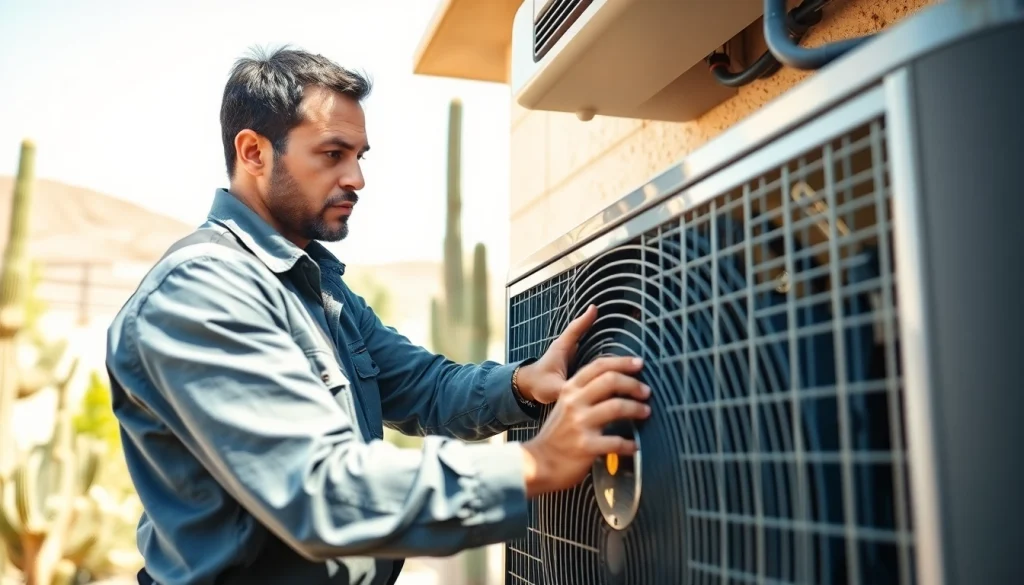 Fixing Scottsdale AC unit by a professional technician in a sunny residential setting.