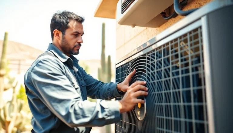Fixing Scottsdale AC unit by a professional technician in a sunny residential setting.