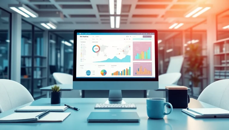 Showcase of Bluehost web hosting services displayed on a sleek computer monitor with data visualizations.