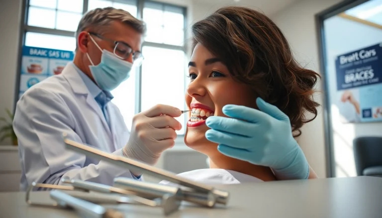 Showing orthodontist evaluating braces cost Myrtle Beach in a bright orthodontic clinic.