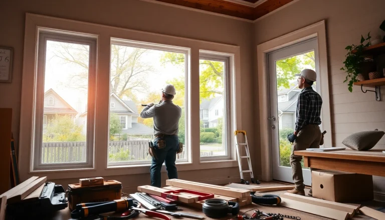 Installers performing window replacement Portland Oregon in a bright, inviting home environment.
