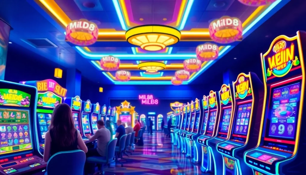 Main focus on mild88 slot game with vibrant casino atmosphere, engaging players.